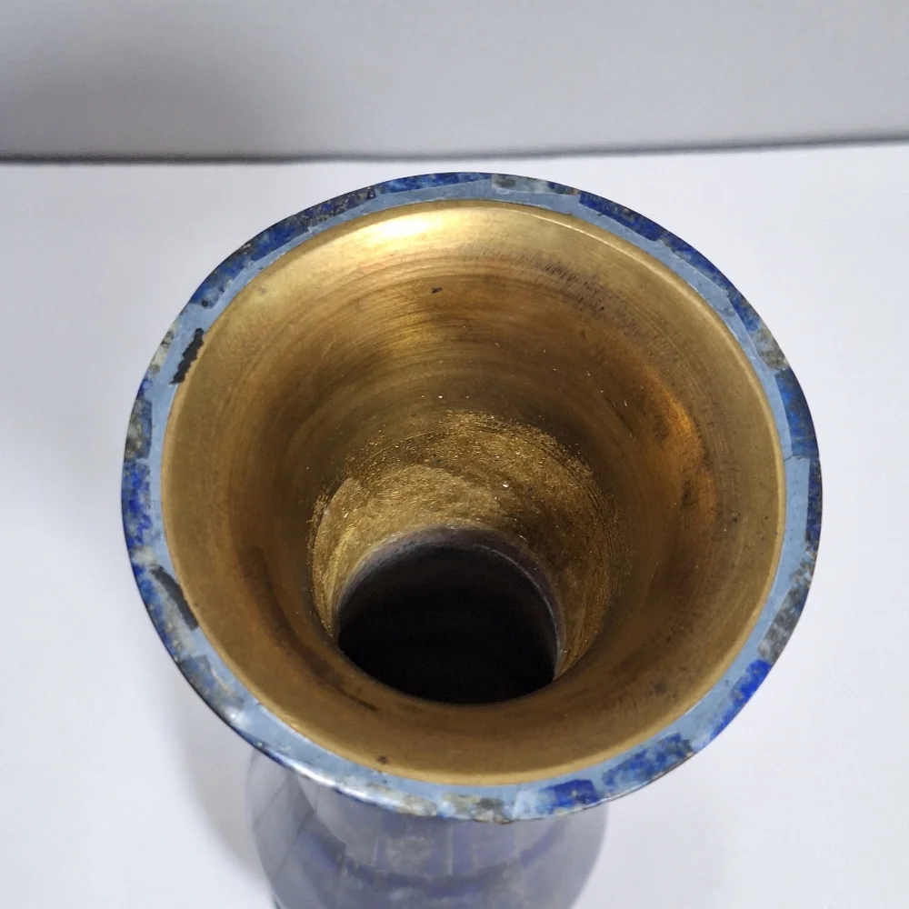 Blue Lapis Lazuli Handmade Brass Lined Natural Gemstone Inlay Vase Cobalt Unique